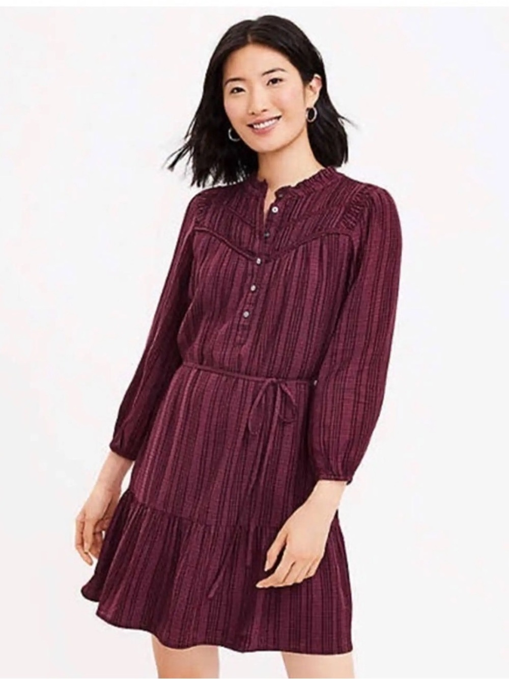 LOFT Plum Long-Sleeve Tiered Button Dress